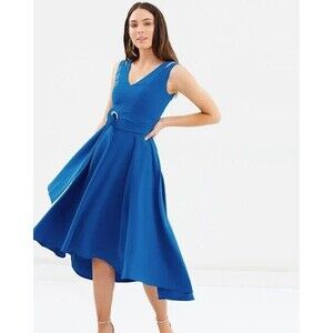 Karen Millen Asymmetric High Low Midi Crepe Lined Dress EUC Sz 8 No Belt